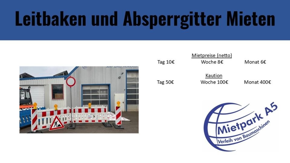 Absperrungen Leitbaken Schilder Beleuchtung mieten bei Mietpark A5