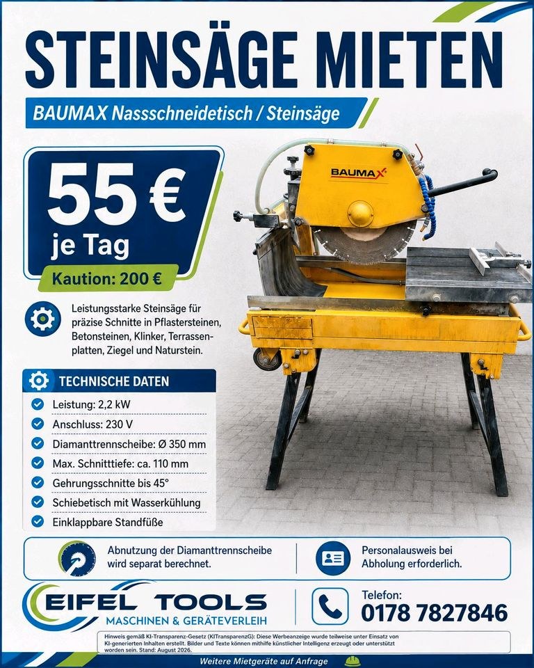 Steinsäge Nassschneidetisch mieten in Bad Münstereifel