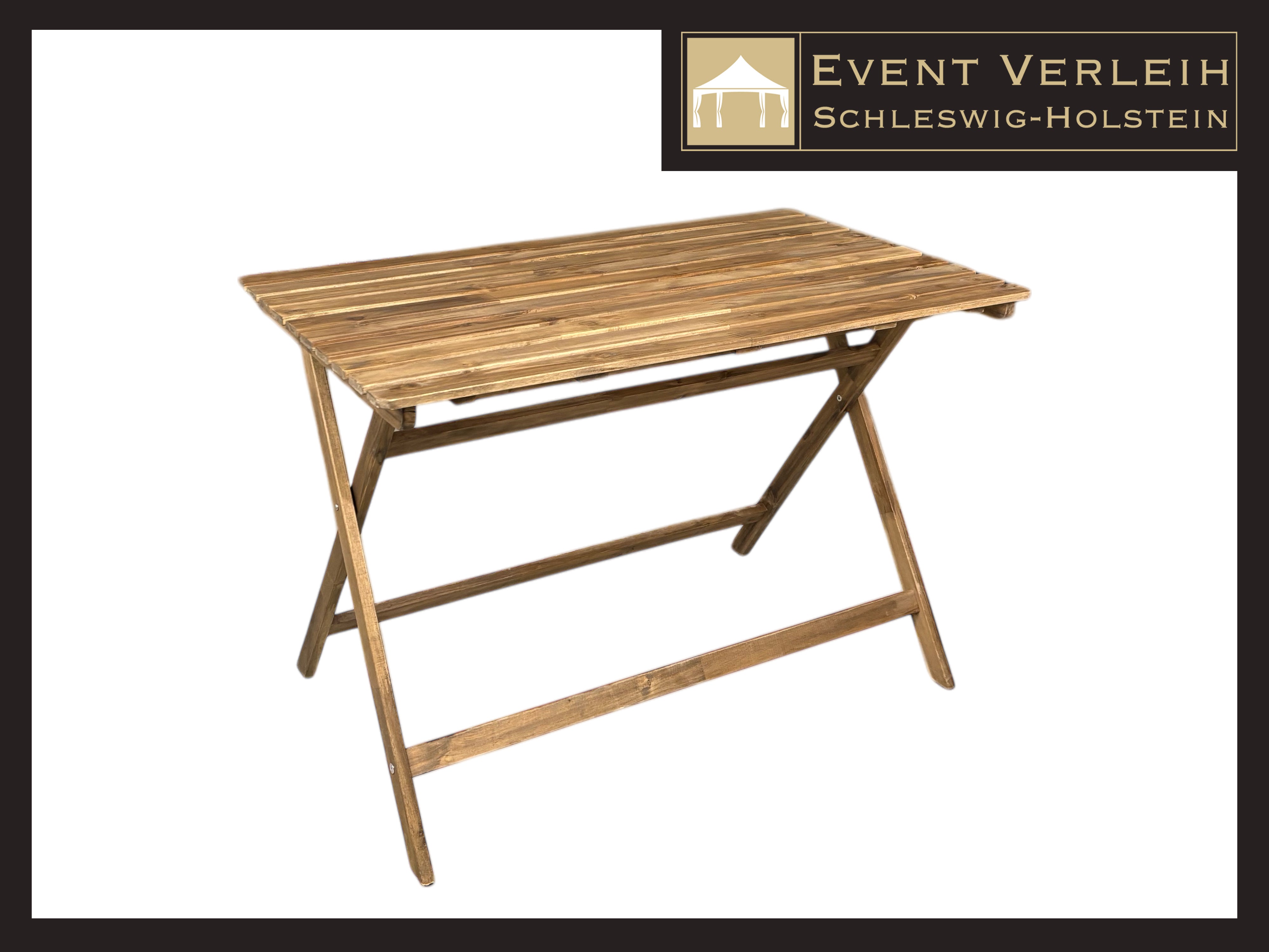 Sitzgruppe Akazienholz mieten – rustikale Gartenmöbel für Events | dunkle Holzklappstühle – 3