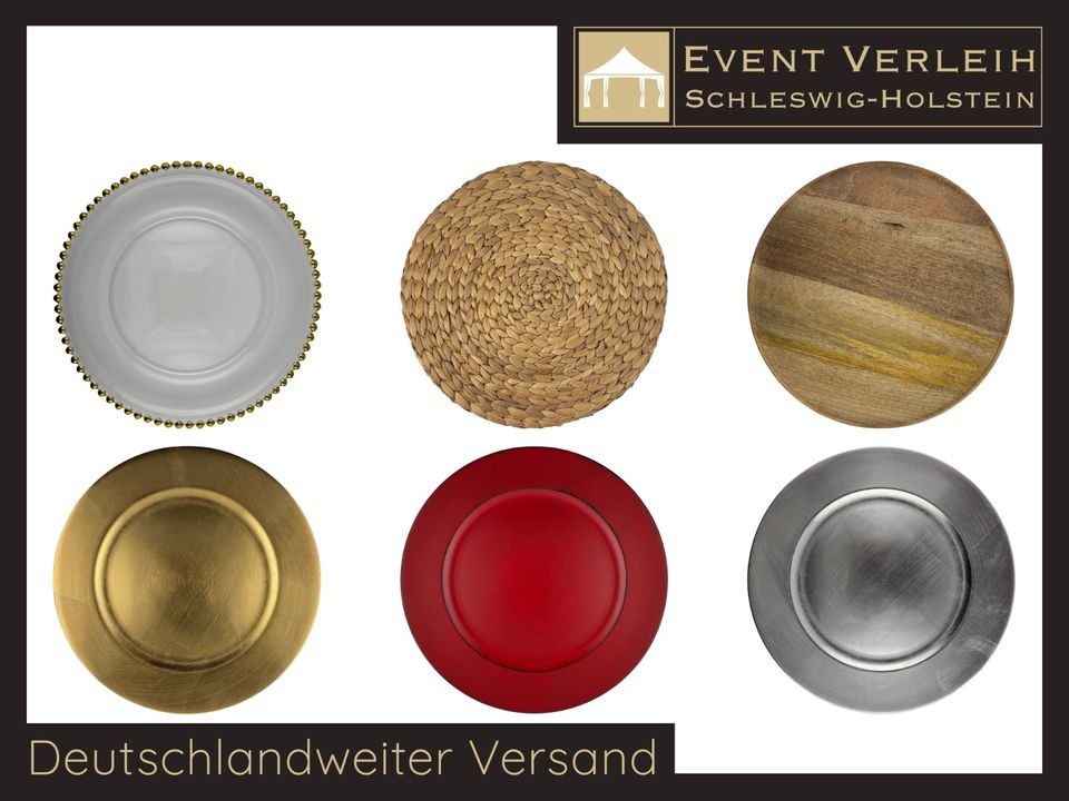 Platzteller Holz Glas Gold Silber Deko in Kiel mieten – Eventverleih
