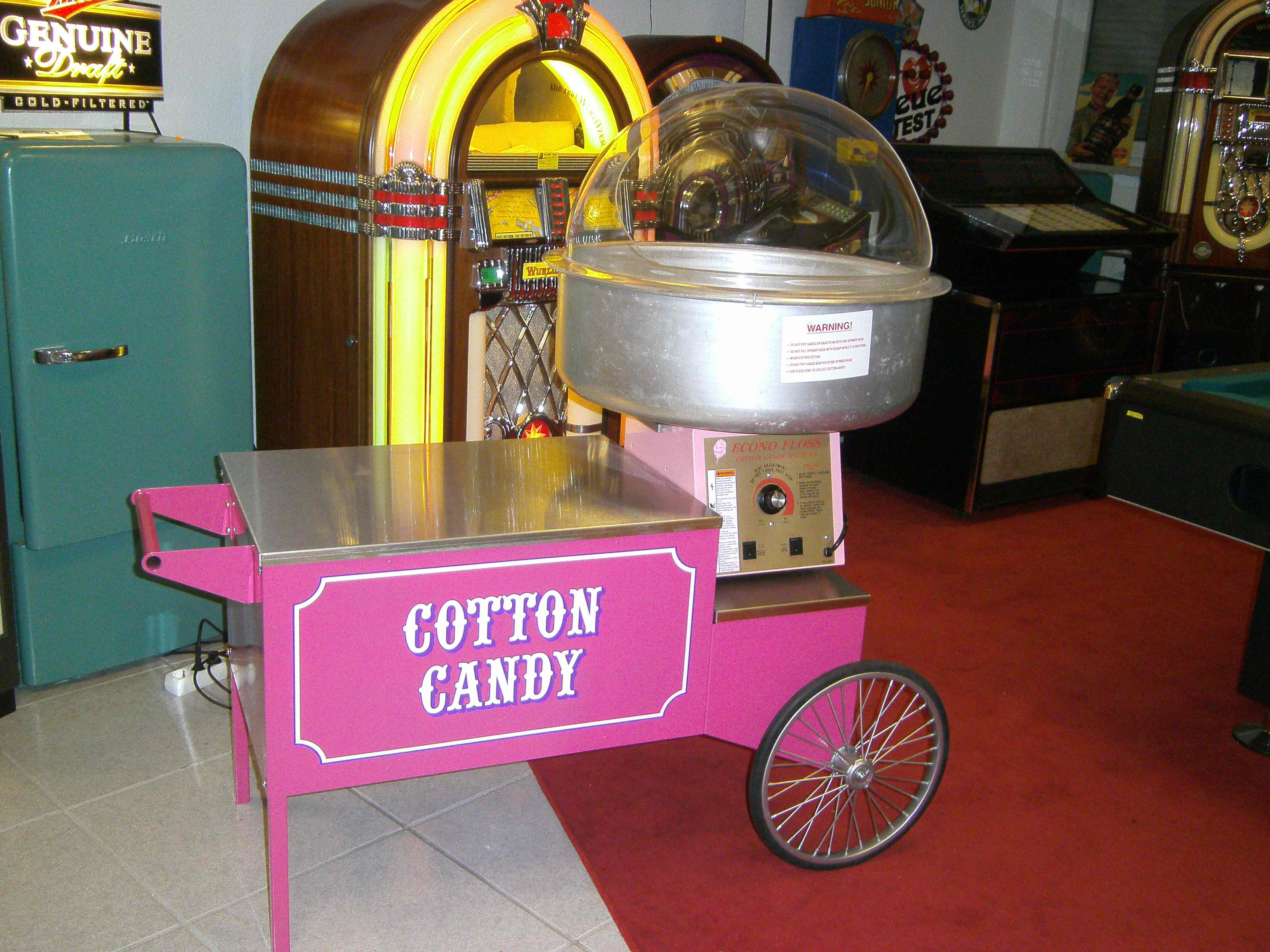 Zuckerwattemaschine mit Fahrwagen, inkl. Zub. für 100 Portionen leckere Zuckerwatte