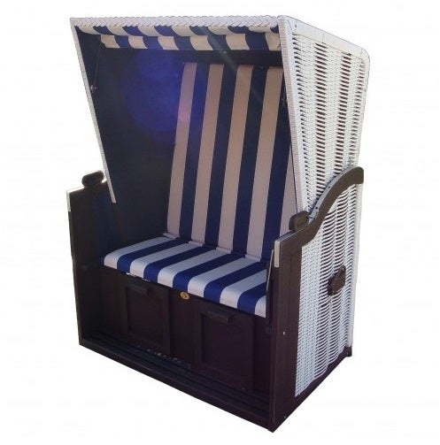 Strandkorb „Sylt“ mieten – blau/weiß, 2-Sitzer mit Tischchen