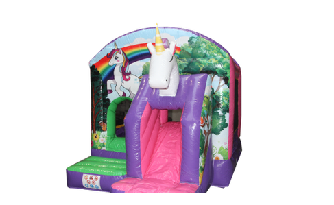 Hüpfburg Einhorn klein mieten – mit Rutsche & Dach, 3,9 x 2,8 m, DIN EN 14960 – 4