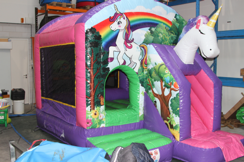 Hüpfburg Einhorn klein mieten – mit Rutsche & Dach, 3,9 x 2,8 m, DIN EN 14960 – 2