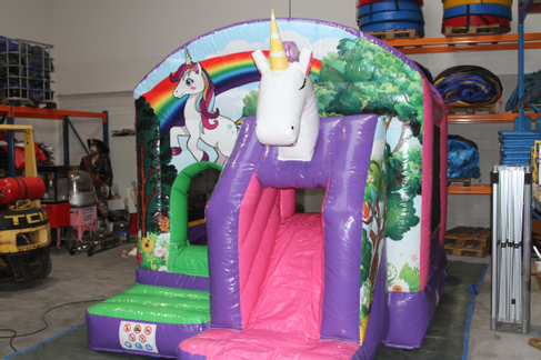 Hüpfburg Einhorn klein mieten – mit Rutsche & Dach, 3,9 x 2,8 m, DIN EN 14960 – 3