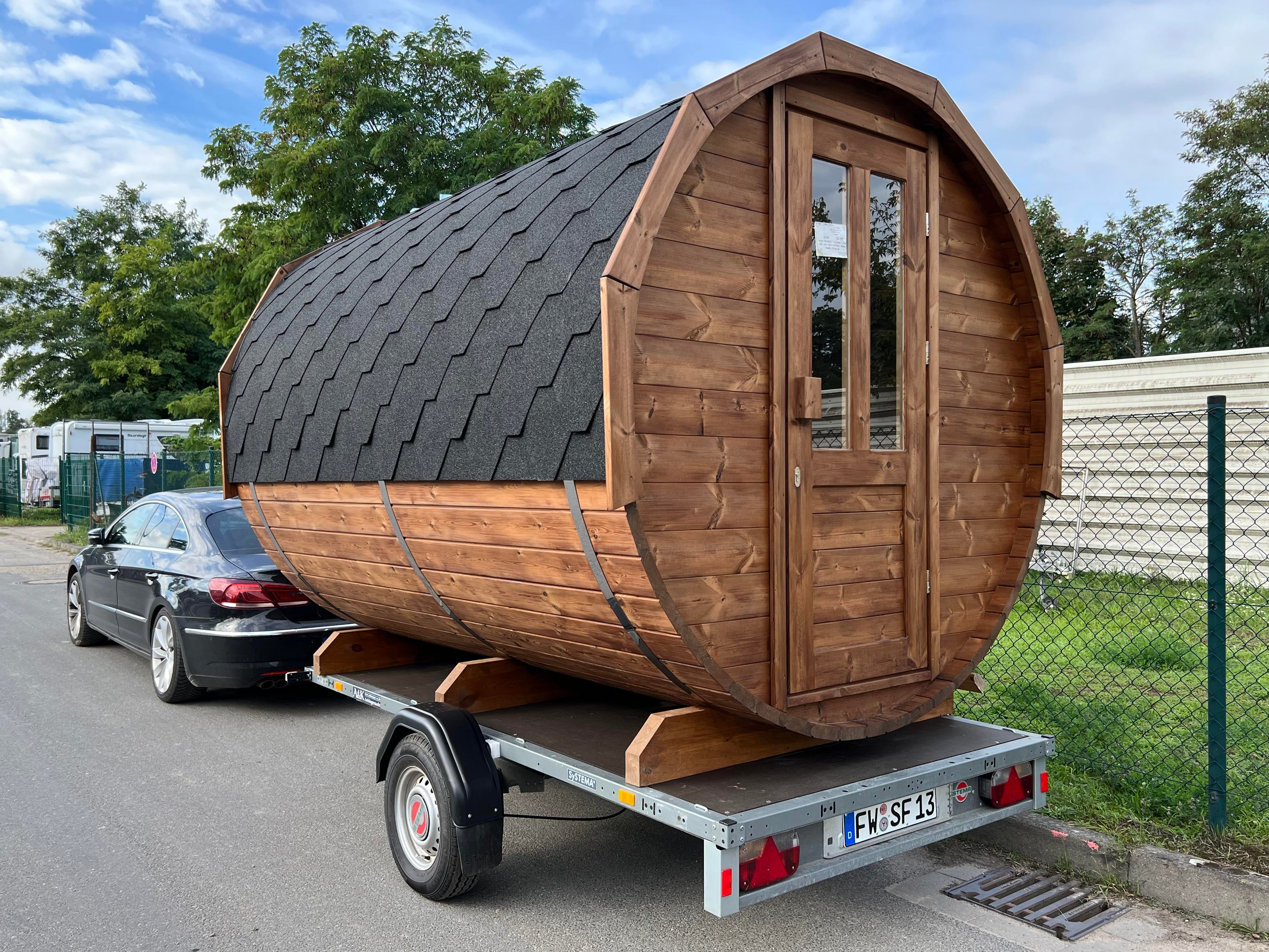 Vermiete Mobile Sauna 3m Fasssauna Faßsauna m. Holzofen & Vorraum Wellness