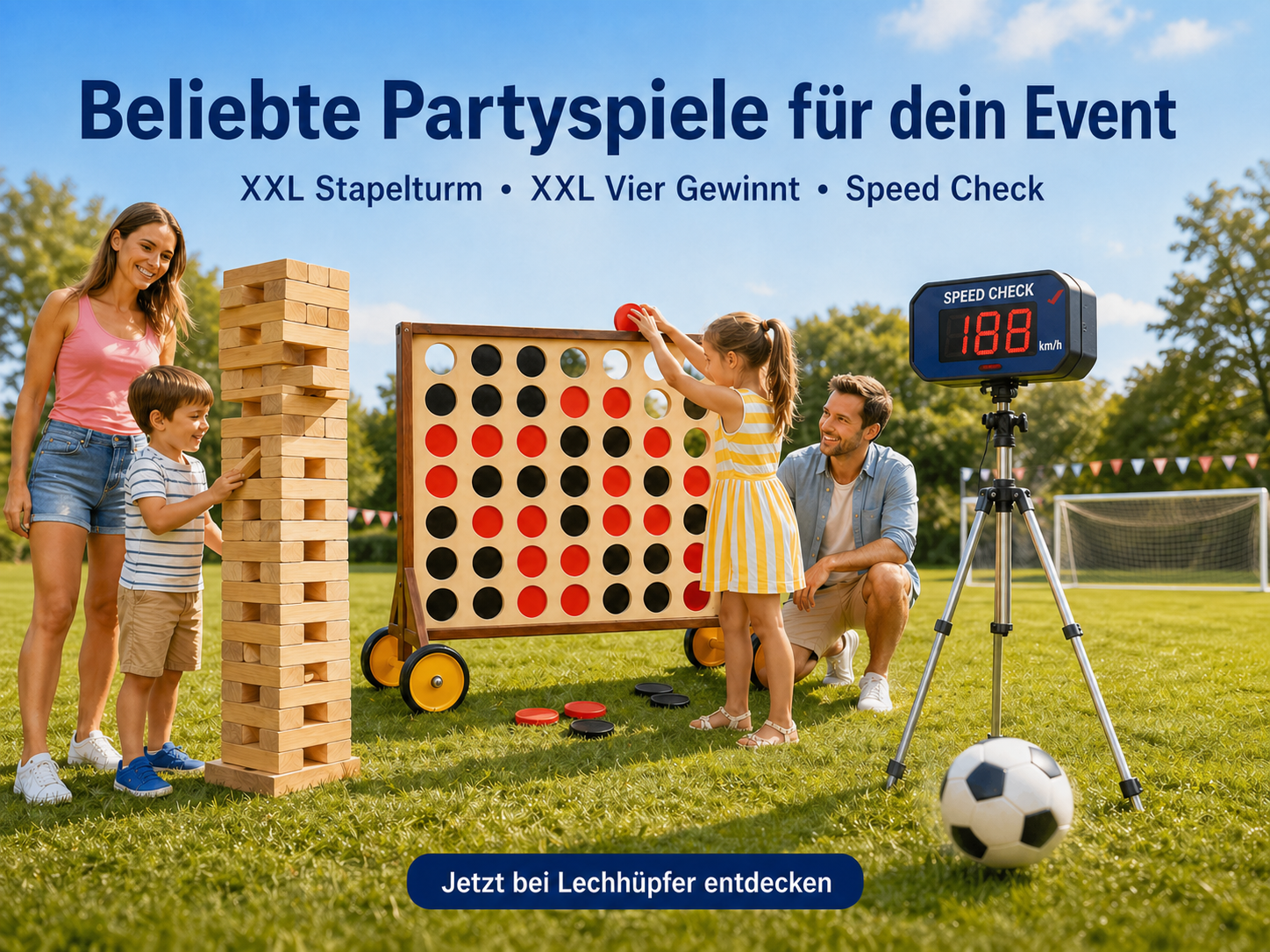 Partyspiele mieten – XXL Stapelturm, XXL Vier Gewinnt & Speed Check für Events
