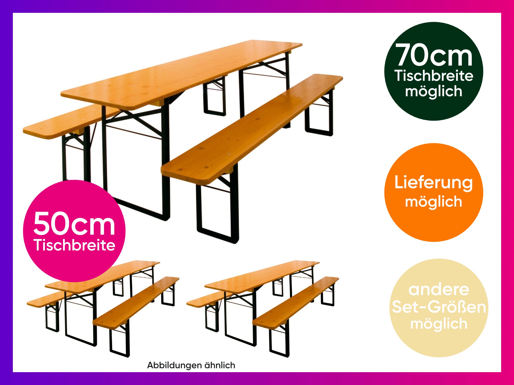 3x Bierzeltgarnitur PRO 50 cm | 70 cm | Kinderbierzeltgarnituren