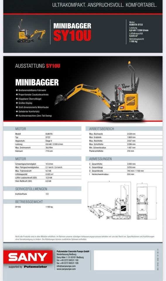 Mikrobagger Minibagger Sany SY10U 1,2t 75cm mieten in Gelsenkirchen – 3