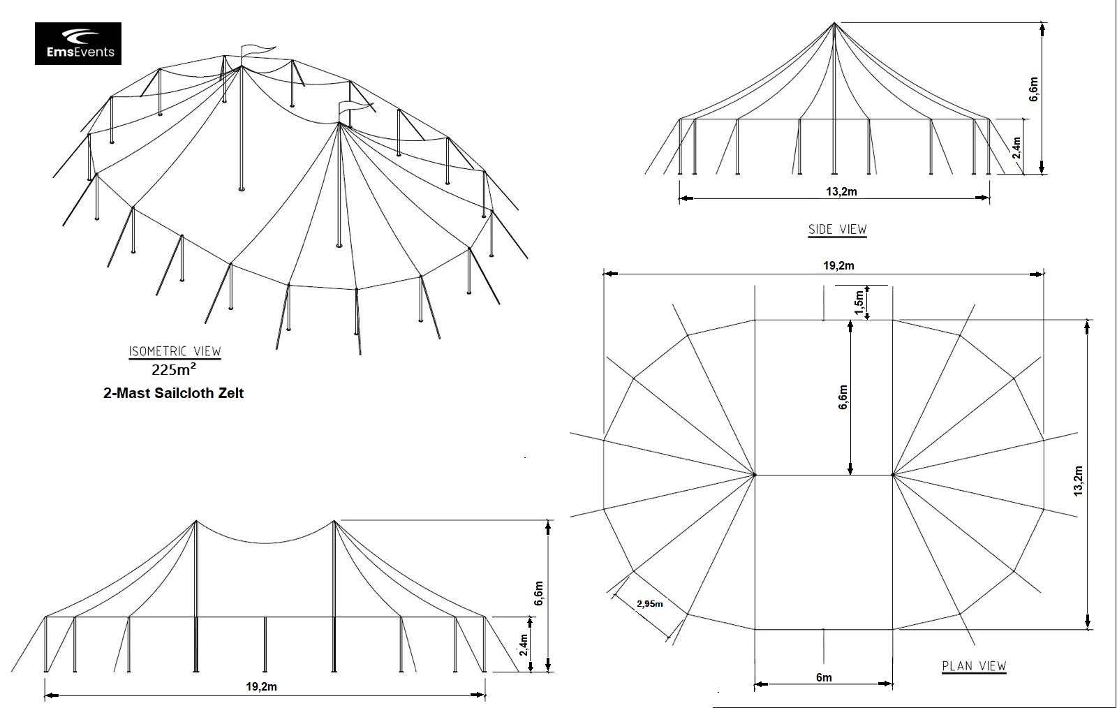 2-Mast Sailclothzelt mieten – Segeltuch-Festzelt, 6,6 m Deckenhöhe – 2
