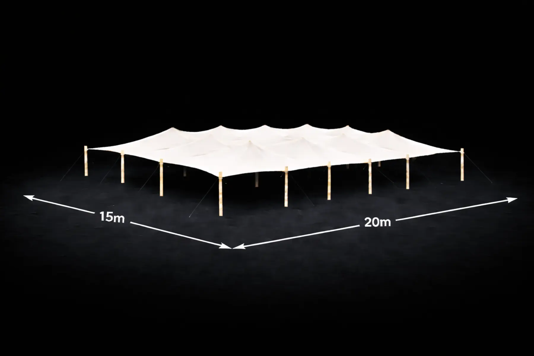 Stretchzelt 15x20m mieten – flexible Aufbauform, Holzstangen