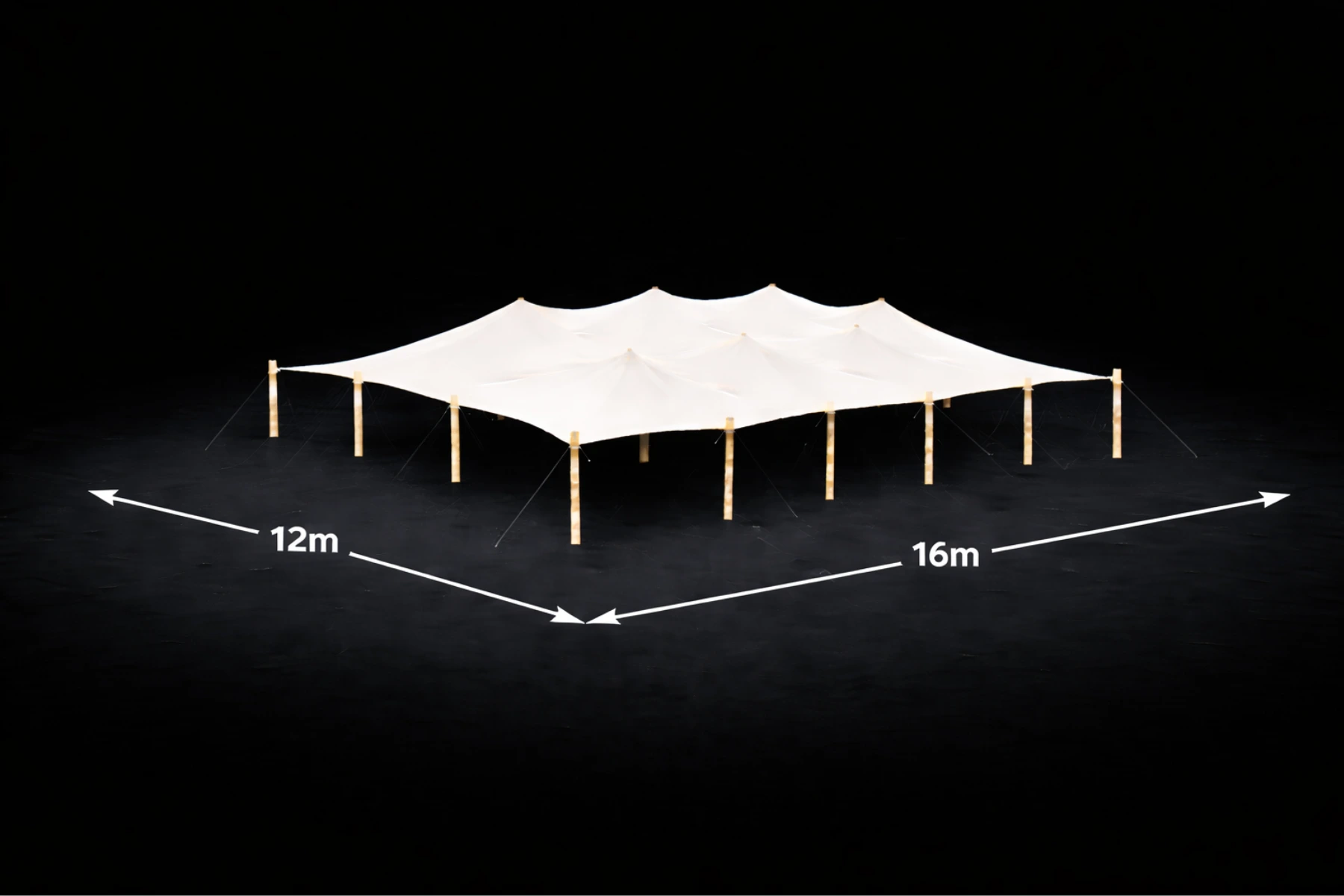 Stretchzelt 12x16m mieten – flexible Aufbauform, Holzstangen