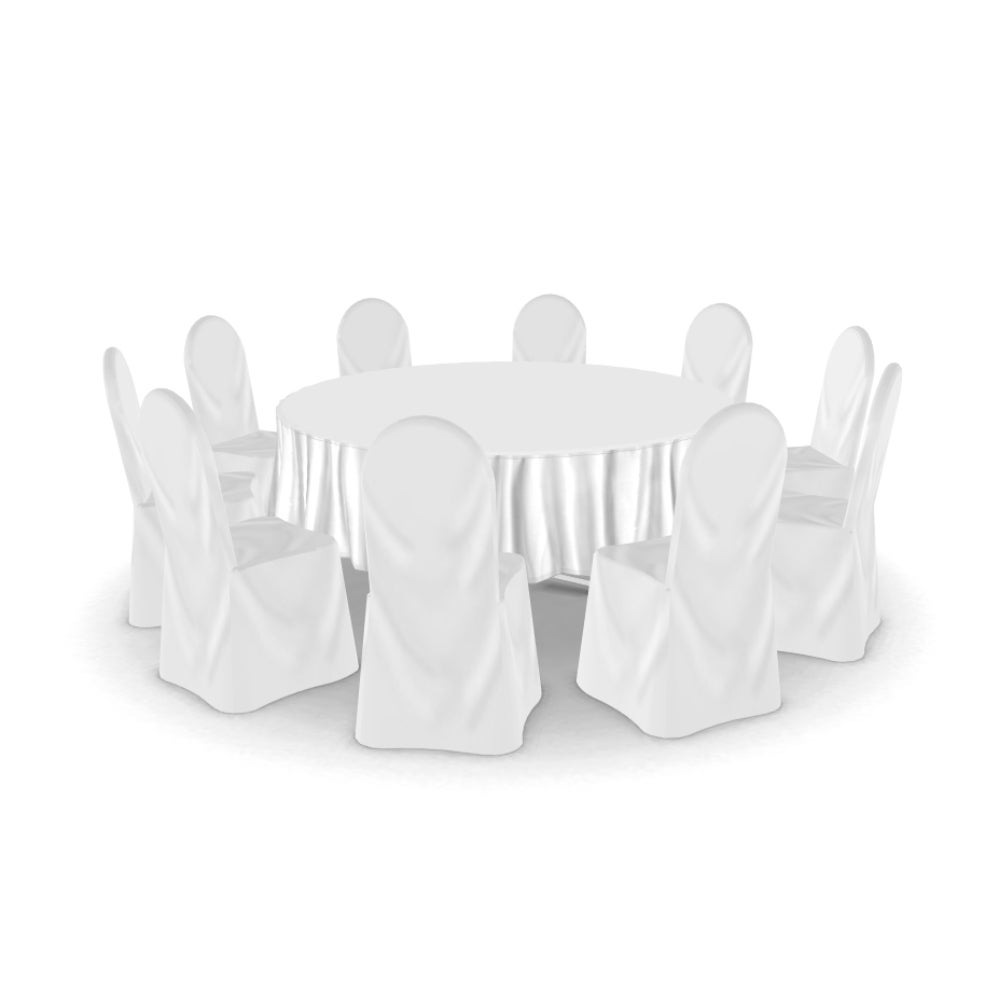 Polsterstuhl mit Husse, runder Tisch mit Tischdecke, Galatisch, Dinnertisch, Hochzeit