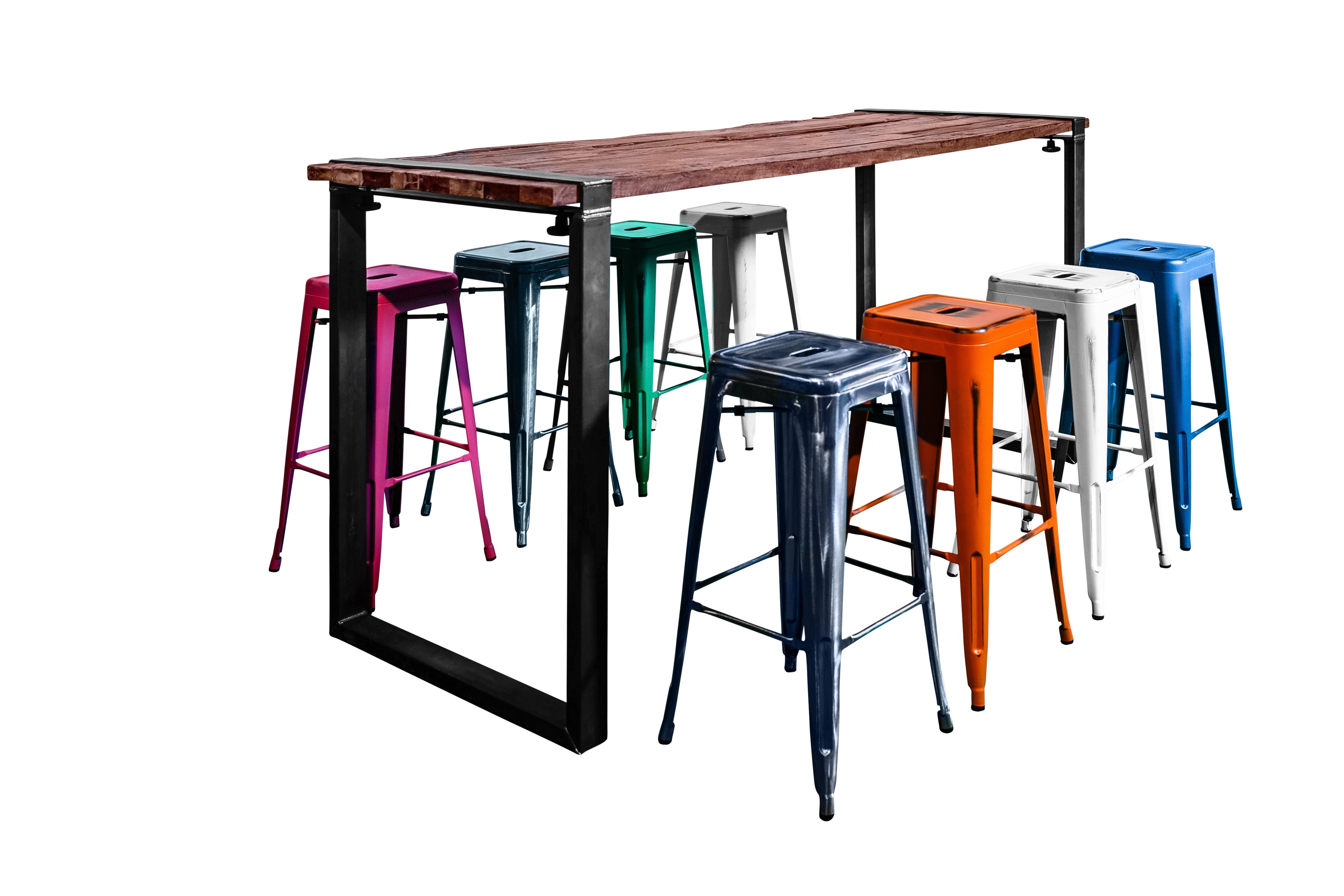 Hochtischgruppe Industrial, Vintage, Naturholz, Brückentisch mit Echtholzbohlen, Metallbarhocker in verschiedenen Farben, Colourful, farbenfroh, für 8 Personen