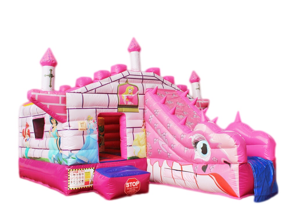 Hüpfburg mieten rosa Prinzessin Märchenschloss mit Rutsche & Sonnendach 6x4x4,5 m