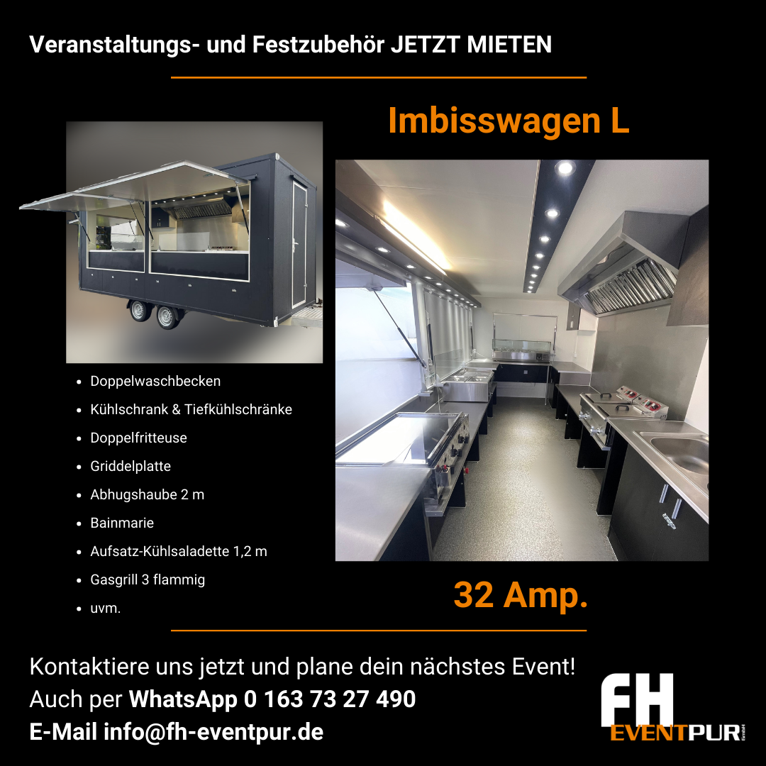 Imbisswagen L mieten – Gastro-Trailer 6,97m | 3-flammig Gasgrill + Fritteuse