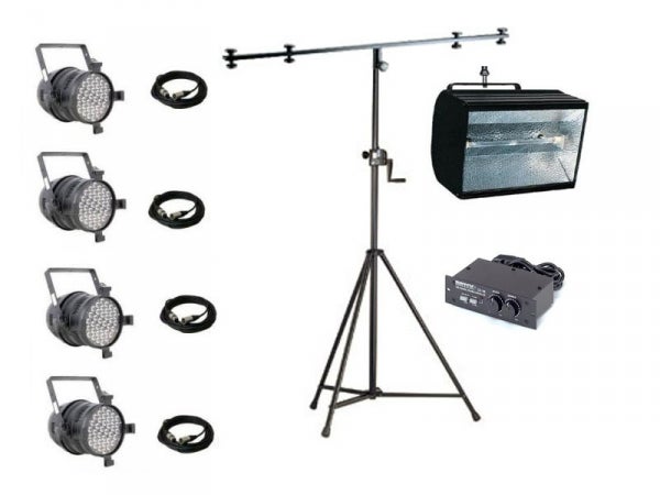Licht Profikomplettset 3 · 4x LED-PAR je 36x3 W + 1300 Watt Strobo + Kabel + Stativ