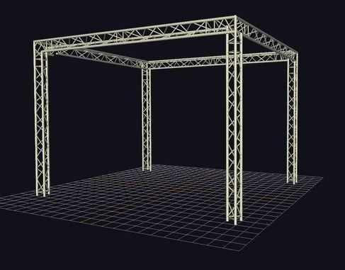 Messestand aus Traversen 4,8 x 3,8 mit 3,4 m Höhe = 18 m² · andere Größen jederzeit möglich
