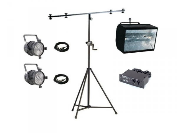 Licht Komplettset 2 · 2x LED-PAR je 36x3 W + 1x 1300 Watt Strobo + Kabel + Stativ