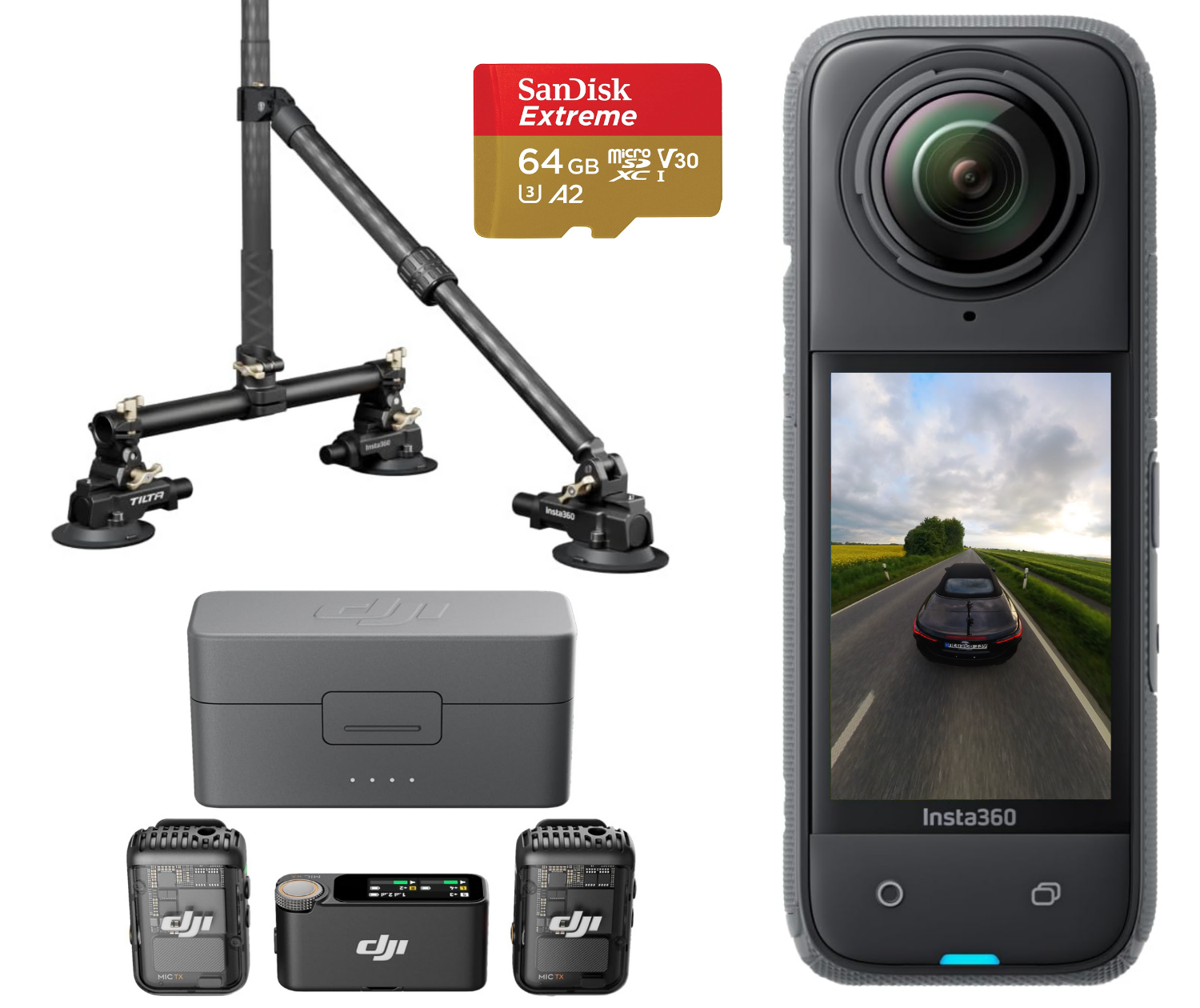 Insta360 X4 Car Set (Inkl. Dji Mic 2 & Dreifach-Saugnapf + 64GB SD) mieten