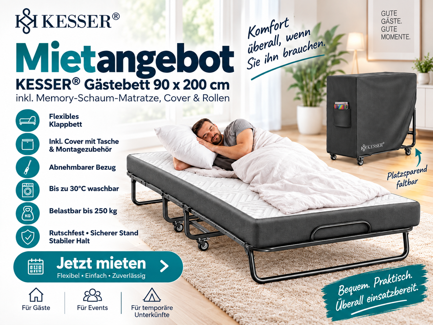 Gästebett 90 × 200 cm belastbar bis 250 kg mieten in Monschau