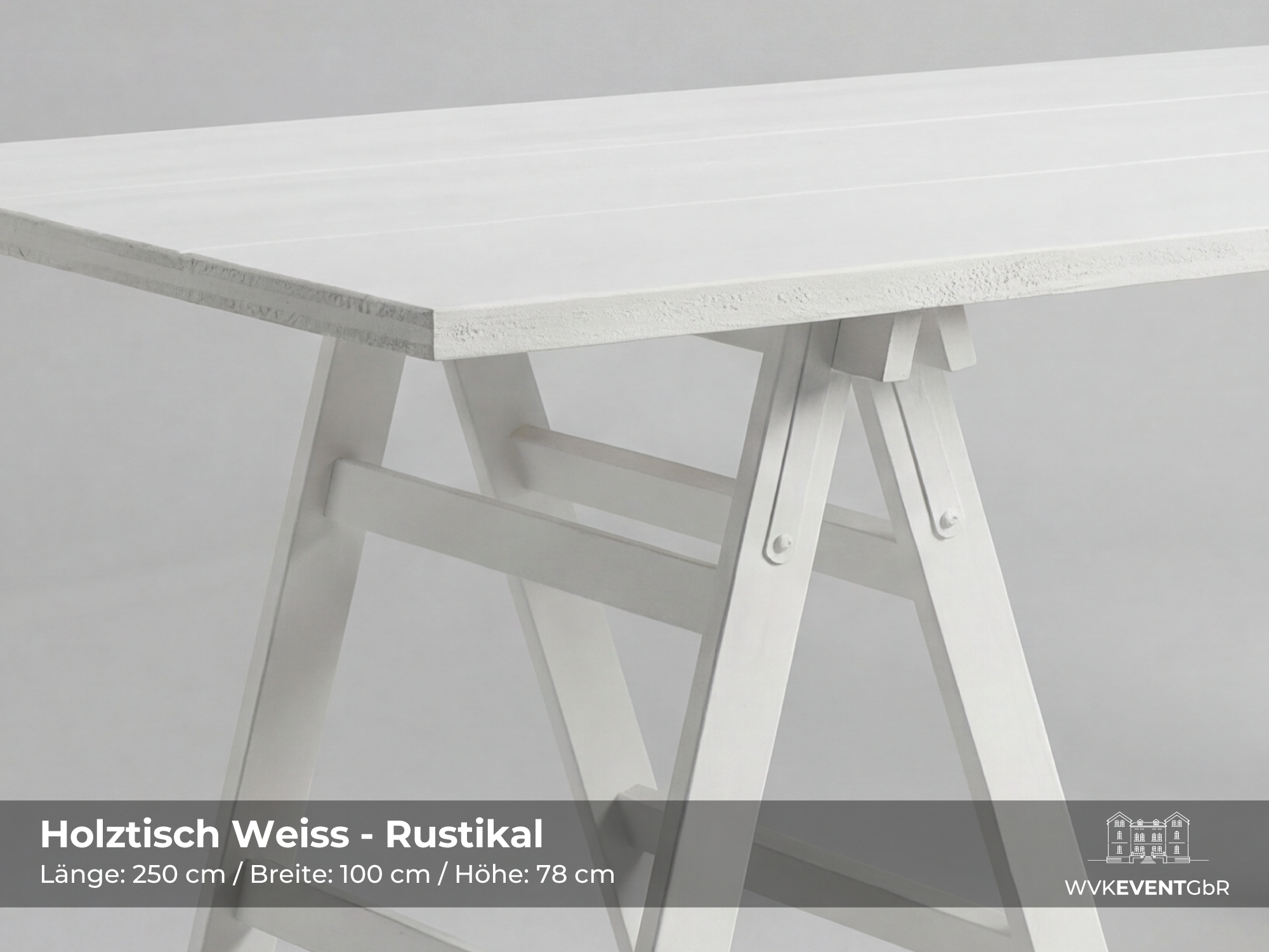 Holztisch Weiss - Rustikal / Boho Style mieten in Siegen – 200x100x78 – 2