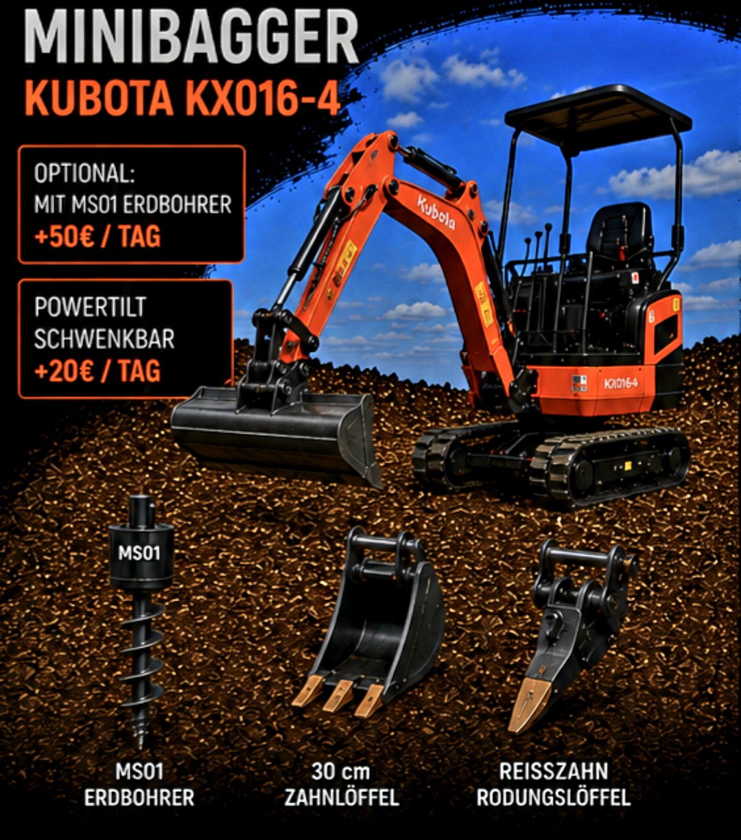 Minibagger Kubota KX016 inkl Powertilt opt. mieten in Ibbenbüren – Mit Fahrer