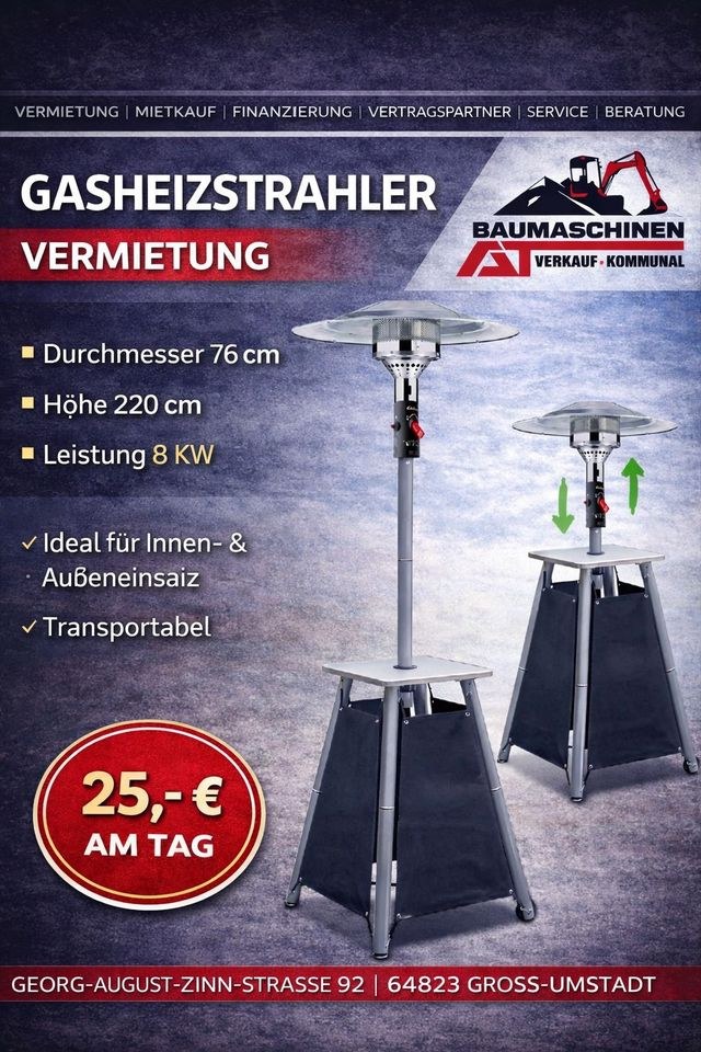Heizpilz Heizstrahler Lieferung mieten bei AT Baumaschinen Vermietung