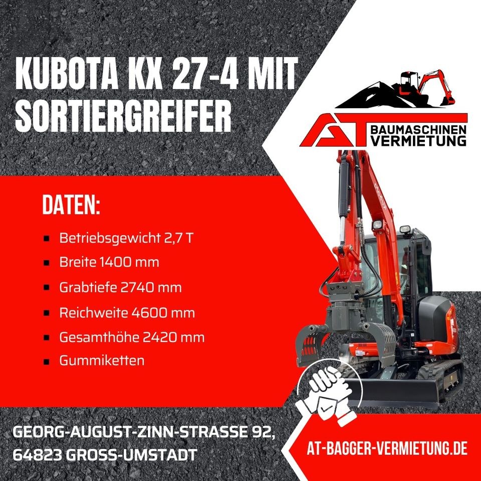 Minibagger 2,7t Greifer Sortiergreifer Anmieten mieten in Groß-Umstadt