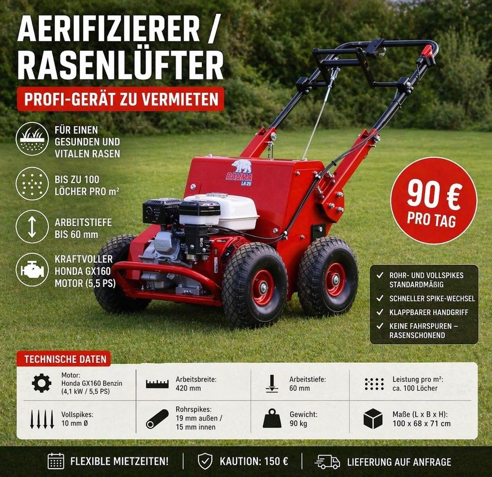 Profi Aerifizierer Rasenlüfter Honda Motor Tag mieten bei BB-Rent
