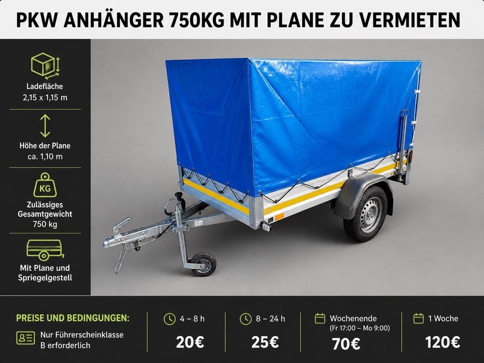 750kg PKW Anhänger Plane 2,15x1,15m mieten bei BB-Rent