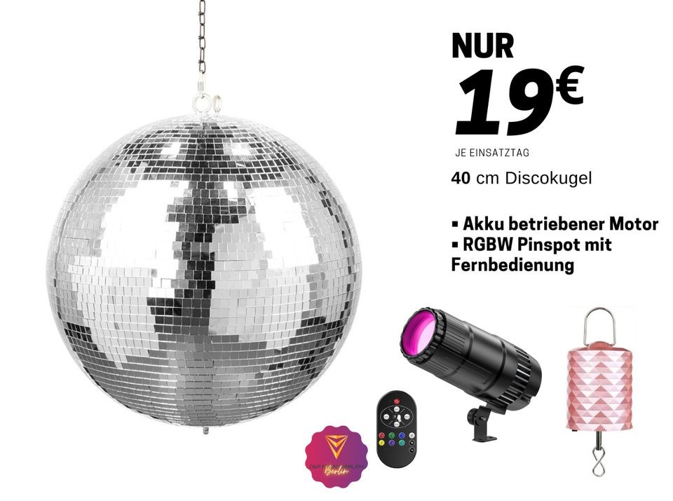 Discokugel PA Lautsprecher Licht mieten in Treptow