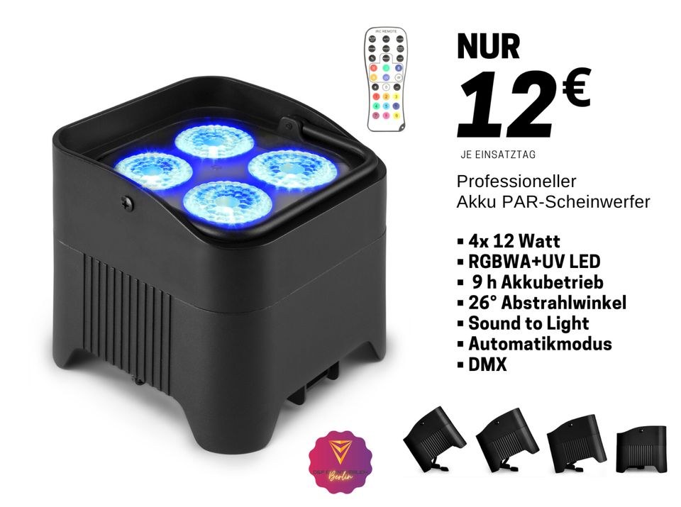 Akku PAR Scheinwerfer Wi Fi DMX 4x 12 Watt N mieten in Treptow