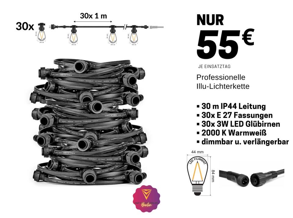 30 m Illu Lichterkette IP44 LED E 27 N mieten in Treptow