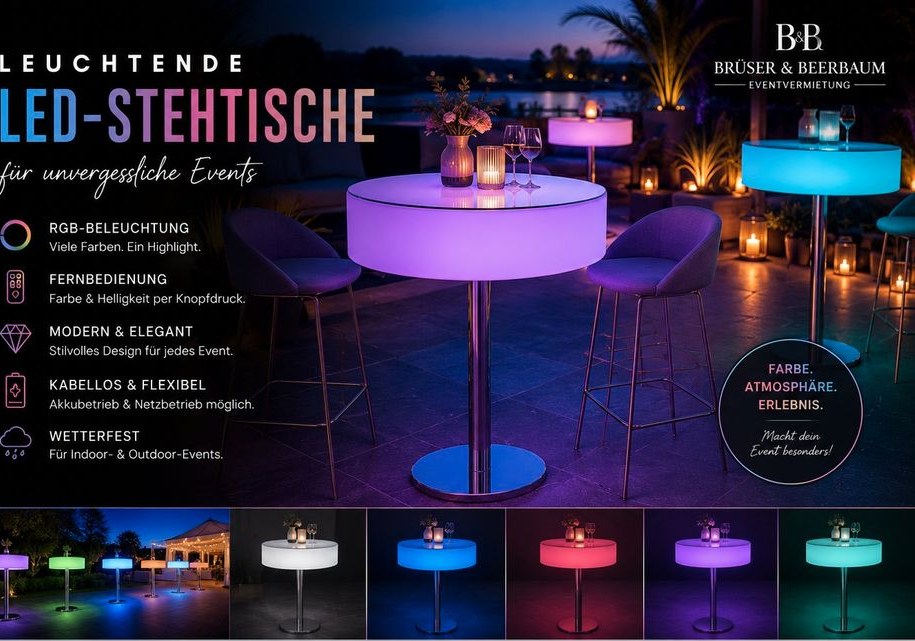 Design LED Stehtische mieten in Beckum – für Empfang & Party