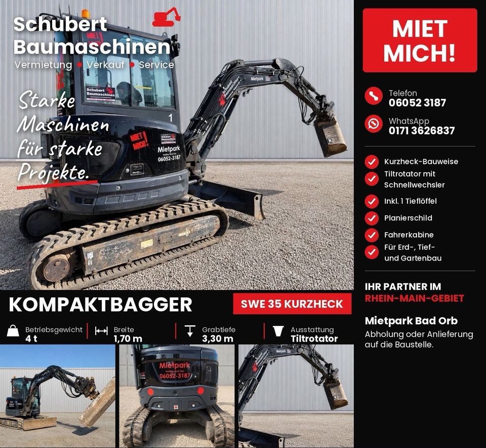Kompaktbagger 4,0 t TiltRotator Kurzheck SWE35 mieten in Bad Orb