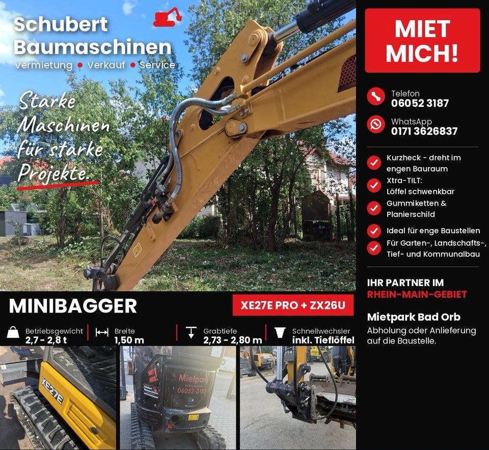Minibagger 2,7 2,8 t Kurzheck ZX26U XCMG XE27U mieten in Bad Orb