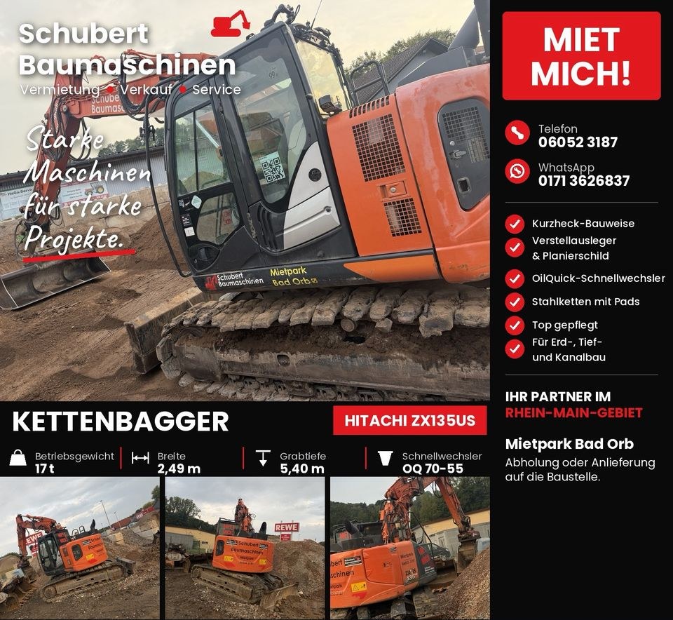 Kettenbagger 17 t Kurzheck ZX135 N++ mieten bei Schubert Baumaschinen