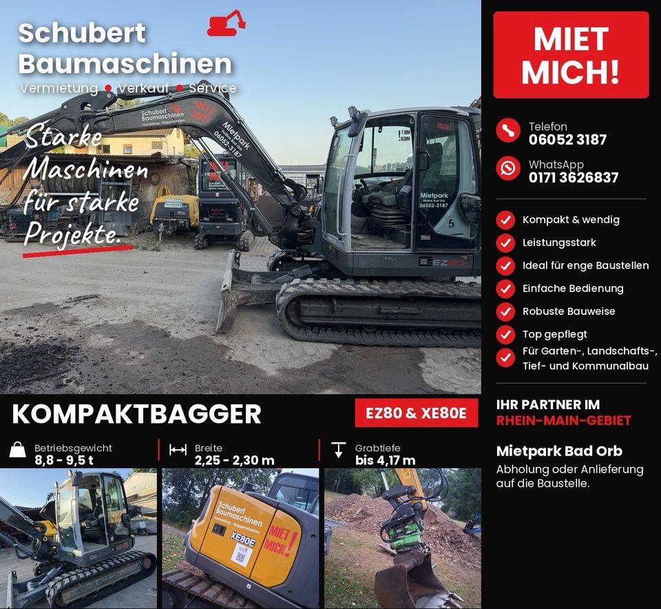 Kompaktbagger 8 10 t Kurzheck Wacker EZ80 XCMG mieten in Bad Orb