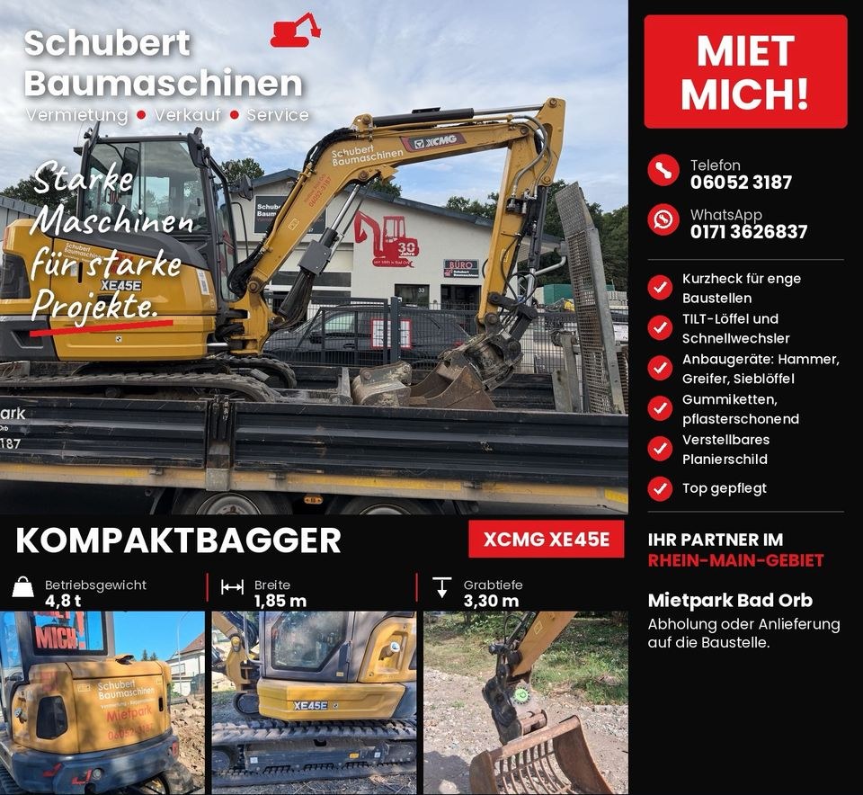 Kompaktbagger 4,8t Kurzheck XCMG XE 45 N++ mieten in Bad Orb