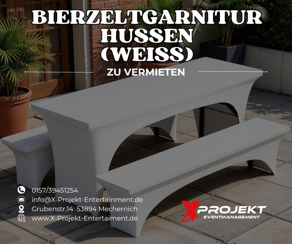 Weiße Bierzeltgarnitur Hussen mieten bei X Projekt Eventmanagement
