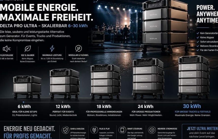 Powerstation 30 KWh Ecoflow Akkubox mieten bei Rentboks – Party-Sound