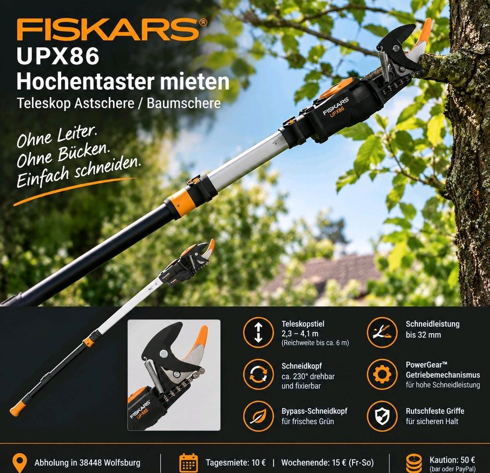 Hochentaster Fiskars UPX86 Teleskop Astschere mieten in Wolfsburg – 2