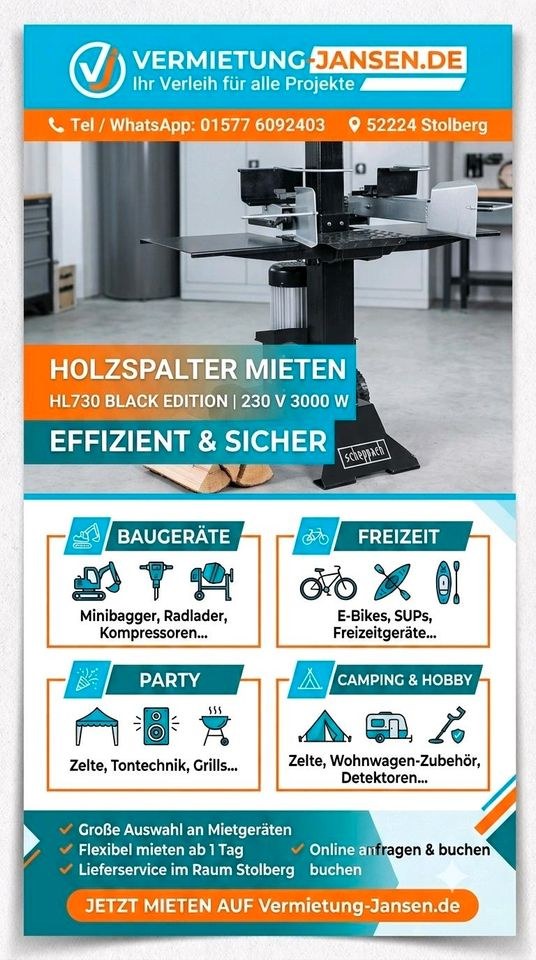 Profi Holzspalter Scheppach HL730 230v 7 Tonnen mieten