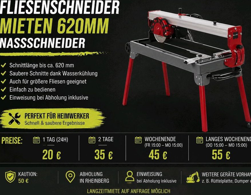 Fliesenschneider 620mm Nassschneider Fliesen mieten in Rheinberg