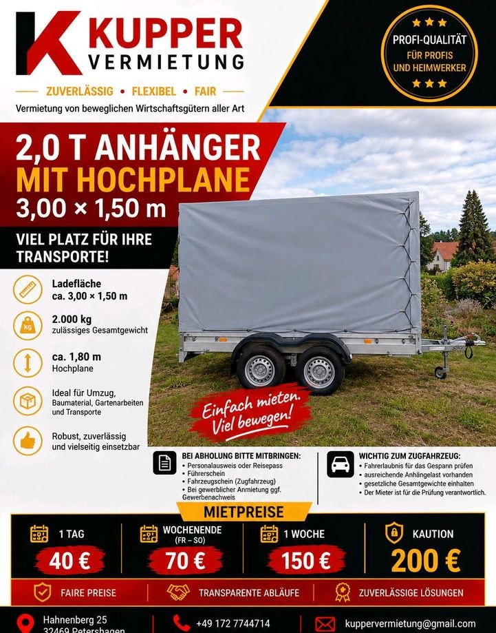 2,0To Anhänger mieten bei KUPPERVERMIETUNG – für Umzug & Baumarkt