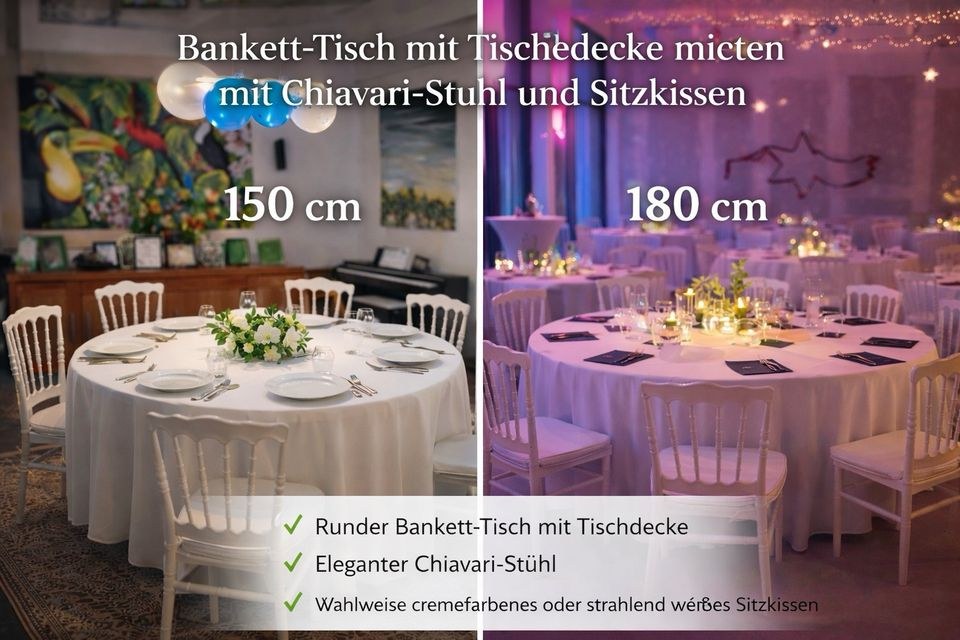 Bankett Tisch rund 180cm 150cm Tischdecke mieten bei G.L.A.S Verleih