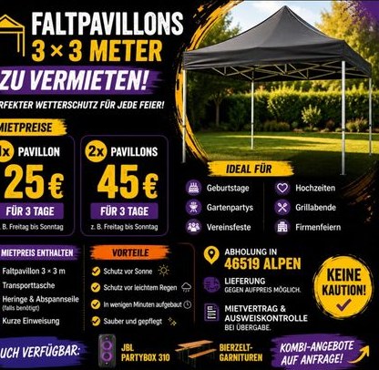 Faltpavillon 3×3 m mieten in Alpen – in Minuten aufgebaut