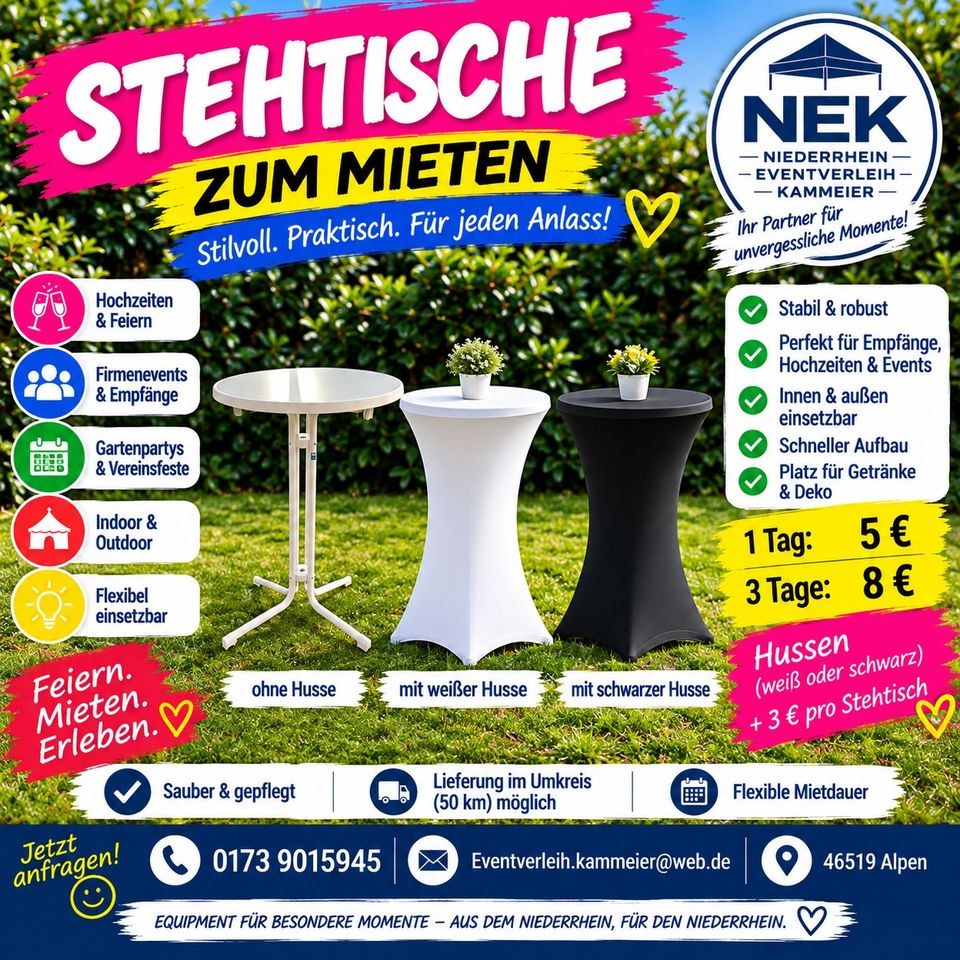 Stehtische mieten in Alpen – für Empfang & Party