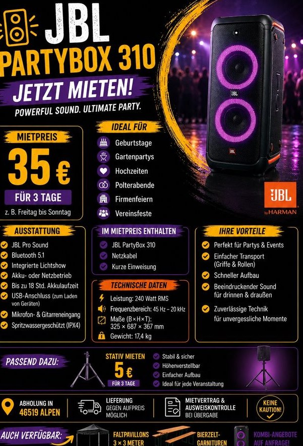 JBL PartyBox 310 mieten in Alpen – Party-Sound